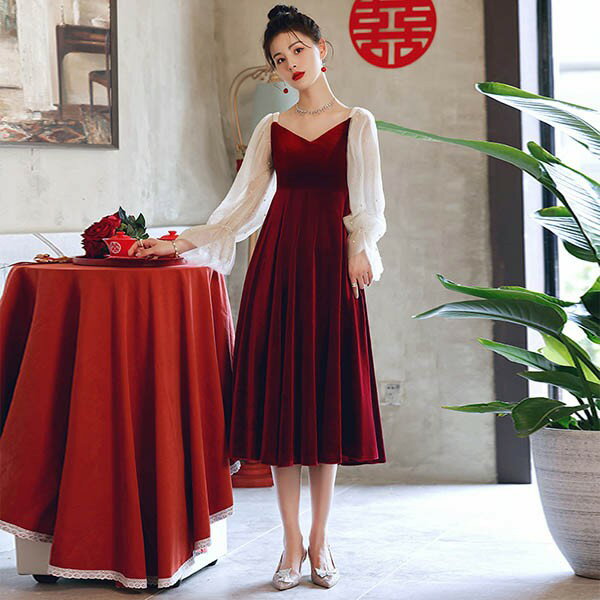 ドレス 大人 ピアノ 発表会 演奏会 結婚式 母親 ピアノ発表会 袖付き ワンピース ブライズメイド ドレス 演奏会ドレス 演奏会用ドレス パーティードレス ミモレ丈 長袖 フォーマル 妊婦もok 体型カバー 成人式 20代 30代 40代 ワインレッド