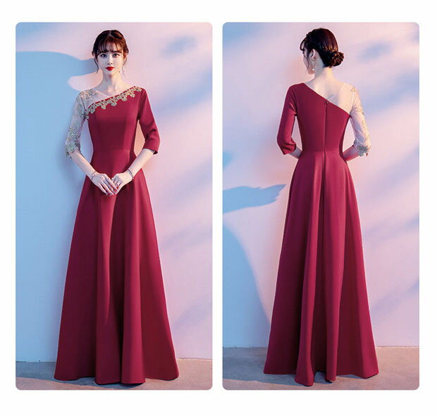 パーティードレス ロングドレス エレガント 演奏会 袖あり ドレス ラウンドネック 成人式 同窓会 カラオケドレス ネイビー ワインレッド ピアノ 発表会 Aライン 結婚式 ステージドレス 二次会 母親 ウエディング ハワイ 上品 20代 30代