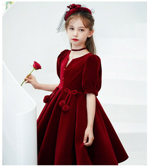 ピアノ発表会 ドレス 姫系 中学生 ワンピース 女の子 キッズドレス ショートドレス ひざ丈 ガール 子供ドレス 袖あり 半袖付き 演奏会 フラワーガール ベールガール リングガール プリンセスドレス ブライダル フォーマル 七五三 可愛い ワインレッド