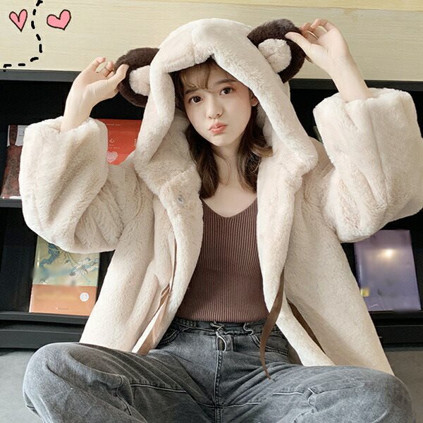 もこもこアウター もふもふコート ボアコート 熊耳 ふわふわ パーカー かわいい クマ耳 ジャケット 秋冬 ベージュ 長袖 高校生 フード付き 大人可愛い ジャケット アウター オーバーサイズ ゆったり