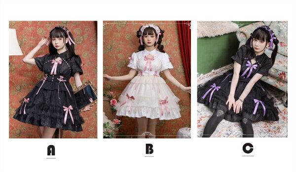 ロリータワンピース ホワイト 白 レディース lolita リボン ロリータ 袖付き 膝丈 小柄 可愛い 着瘦せ 仮装 コスプレ コスチューム 小柄 可愛い 学生 女の子 ゴスロリ 仮装 パーティ イベント ロリィタファッション フリル