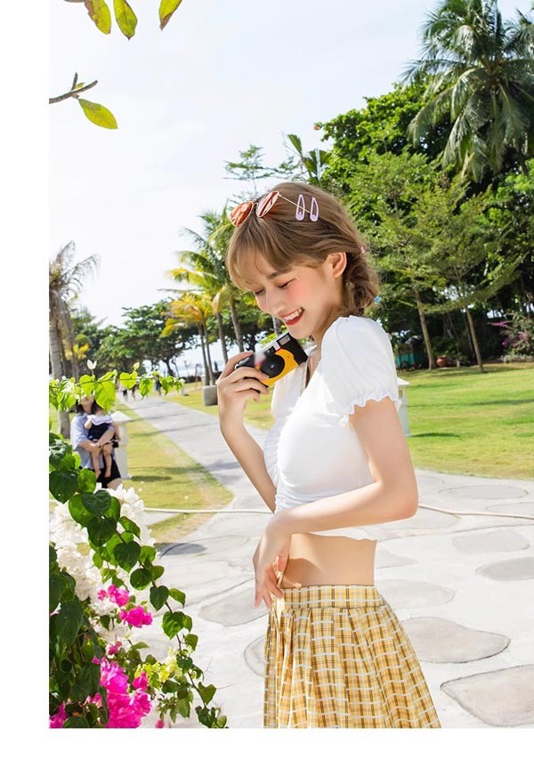 タンキニ水着 チェック柄 服みたいな 水着 2点セット 半袖 リボン ワイヤーなし パッド付 レディース 着瘦せ シンプル 写真映え 撮影用 海 夏 サマー プール リゾート かわいい オシャレ 旅行 温泉 大人 女性用 ジュニア 学生 女の子 イエロー