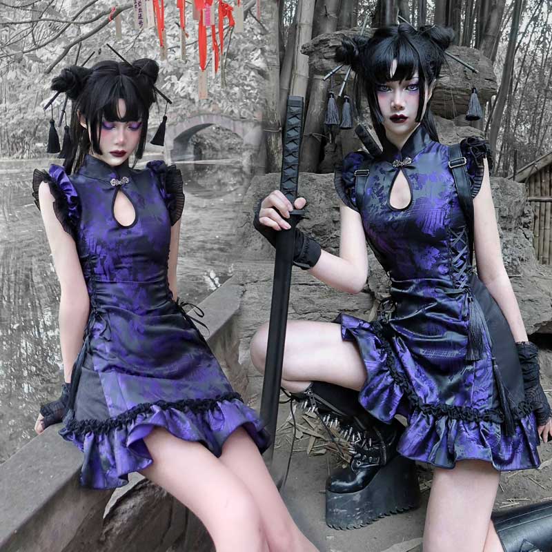 ハロウィン 仮装舞踏会 ゴシック暗黒系 中国風 チャイナドレス 可愛い 男ウケ セクシー 大人 レディースハロウィン コスプレ衣装 パープル S M L コスプ...