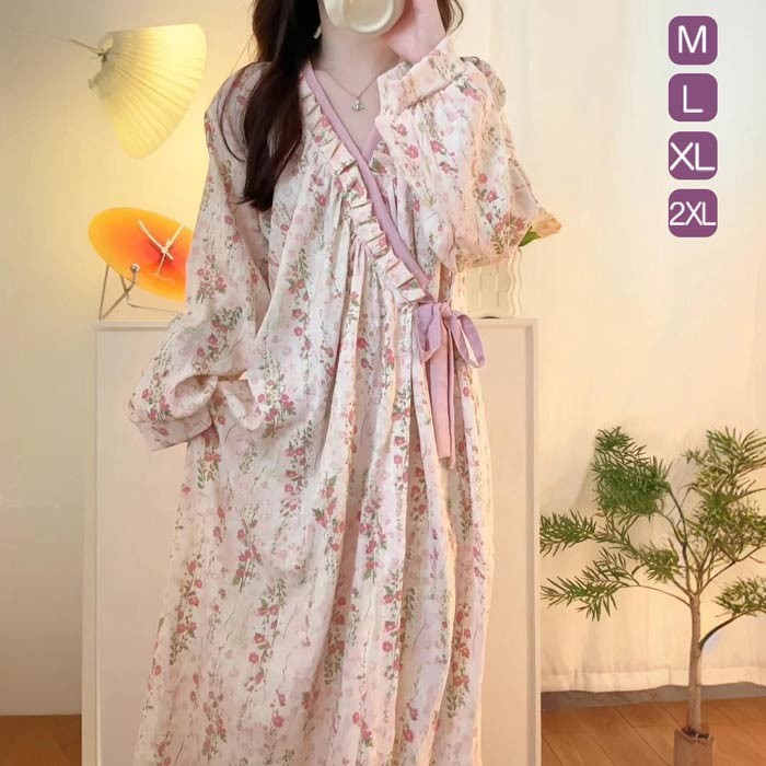 ルームウェア ワンピース 大きいサイズ 花柄 ピンク ゆったり 春 夏 部屋着 寝間着 おうち時間 女性用 ..