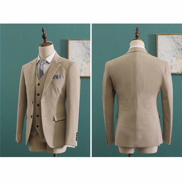 スリーピーススーツ メンズ 2ツボタン カーキ ビジネススーツ 春秋 2ツ釦 ジレベスト付 3ピーススーツ 紳士服 男性スーツ メンズ大きいサイズおしゃれスーツ 結婚式 セットアップ カーキ