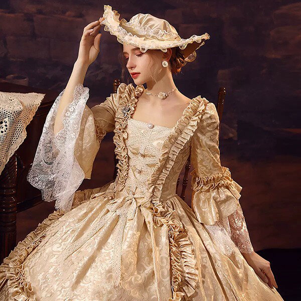 貴族ドレス パーティー 中世 ドレス 貴族 衣装 演奏会用ロングドレス 大きいサイズ 貴族 ワンピース 刺繍 プリンセスライン フリル 長袖 ピンク イエロー グリーン 赤