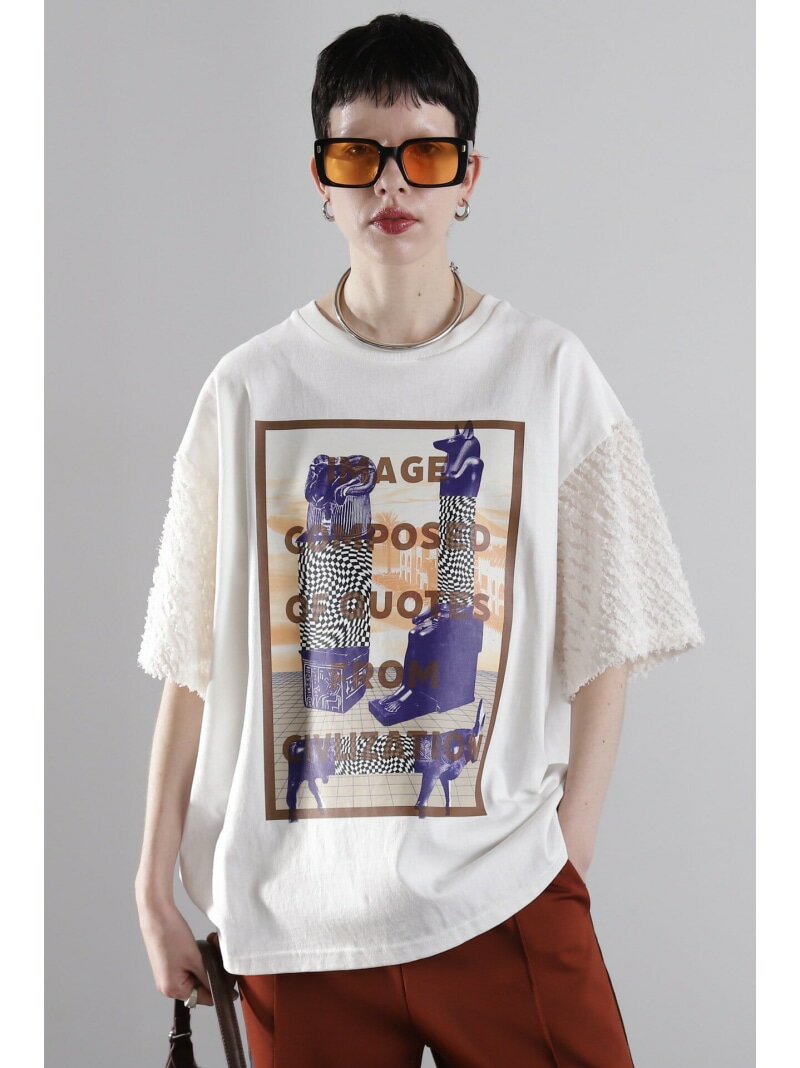 異素材スリーブ グラフィックTシャツ ROSE BUD ローズバッド トップス カットソー・Tシャツ ホワイト ブラック【先行予約】*【送料無料】[Rakuten Fashion]
