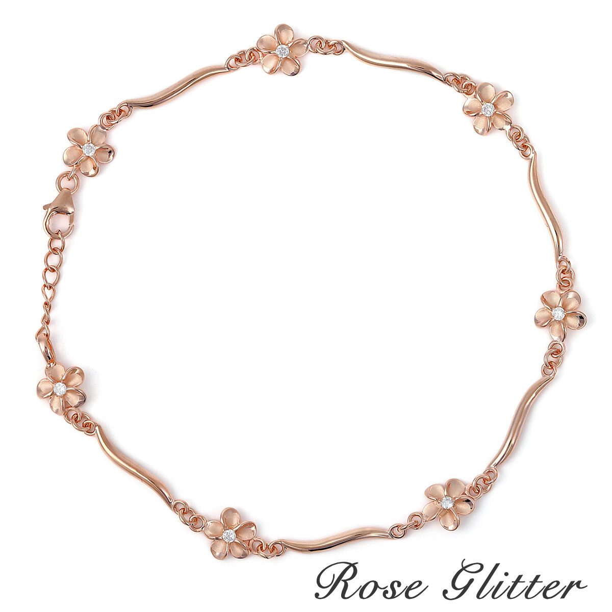 アンクレット ハワイアンジュエリー ピンクゴールド プルメリア フラワー ウェーブ シルバー925 かわいい 人気 キュービックジルコニア おしゃれ プレゼント...