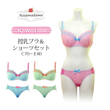 【お買い物マラソン！30%OFF！】授乳ブラ 産後ショーツ 上下セット ローズマダム ワイヤー入り【シフォンストライプ柄】Kawaiiシリーズ（1981）ストラップオープン 授乳ブラジャー マタニティブラジャー Cカップ/Dカップ/Eカップ 下着 出産準備 産前 産後 マタニティ