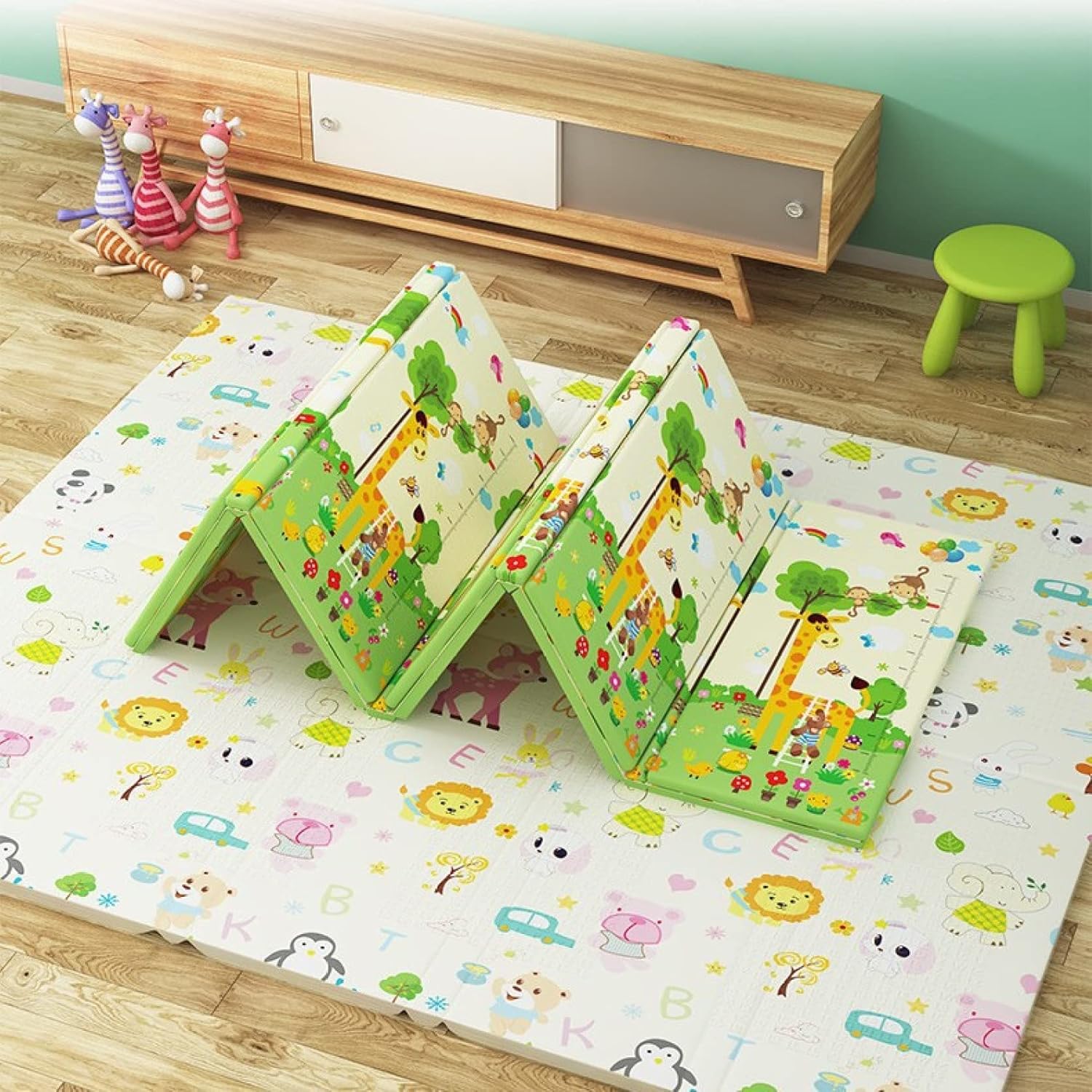 プレイマット 180*160*1.0cm 可愛い 両面パターン キッズ用 薄手 厚手 清掃簡単 ルームマット ジョイントマット 衝撃緩和 転倒防止 おしゃれ 折り畳み式 フロアマット 両面使用可 収納