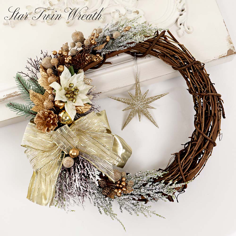 スターツインリース クリスマスリース ウエルカムリース 玄関 飾り ディスプレイ 秋色 ゴールド 星 豪..