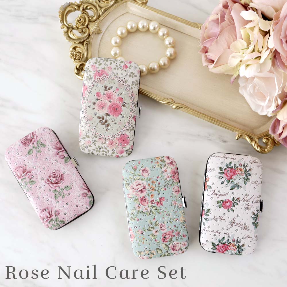 ネイルケアセット ローズ 薔薇 おしゃれ かわいい ギフト 爪切り ハサミ ピンセット 耳かき ピンク ホワイト ブルー グレー