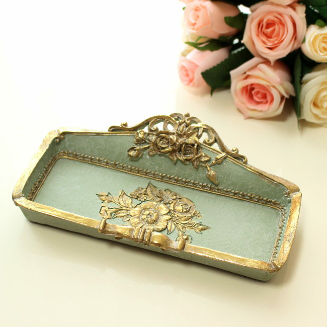 トレー アンティークローズ おしゃれ クラッシック エレガント トレイ アンティーク グリーン インテリア アクセサリー クラシカル ゴールド 華やか 華やか お洒落 可愛い かわいい 置物 ディスプレイ