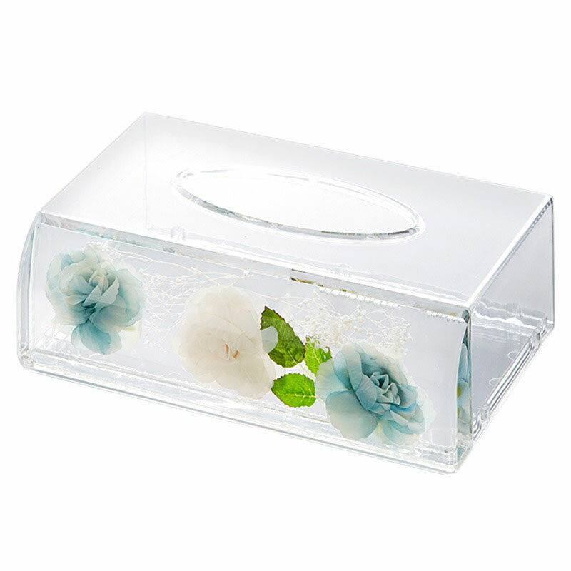 アクリル水中花 ホワイト&ブルー ティッシュケース ティッシュボックス ケース おしゃれ かわいい 薔薇 白 華やか インテリア