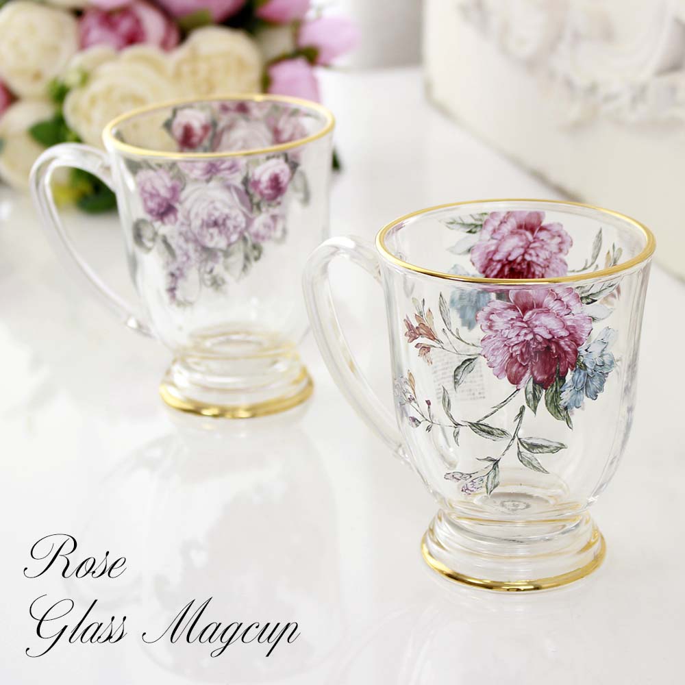 プレゼント ギフト ローズ ガラス マグカップ コップ おしゃれ 薔薇 雑貨 食器 ティーカップ 耐熱 豪華 華やか お洒落 母の日のサムネイル