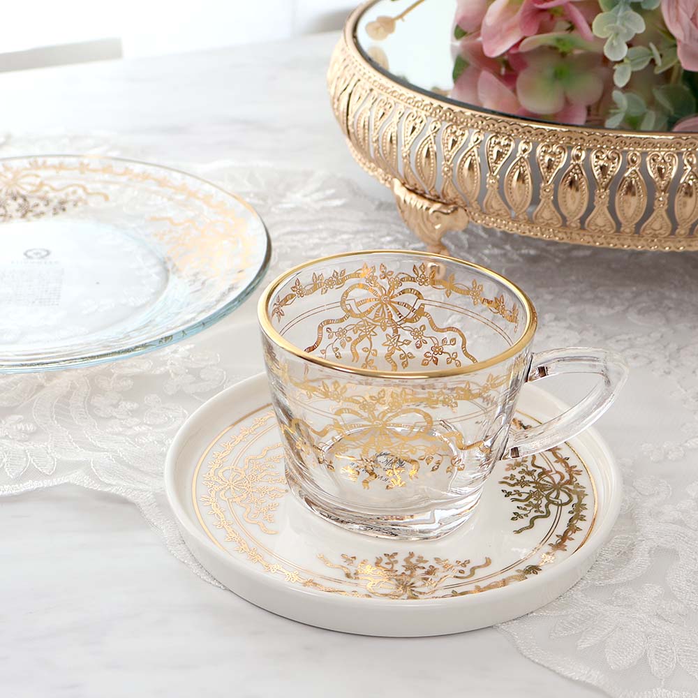プレゼント ギフト ゴールドリボン ガラス カップ&ソーサー おしゃれ 薔薇 雑貨 食器 ティーカップ 耐熱 豪華 華やか 可愛いのサムネイル