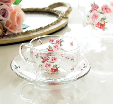カップ＆ソーサー　ローズヴィーナス　耐熱ガラス　日本製　おしゃれ　薔薇　ギフト　雑貨　食器　花柄　ティーカップ