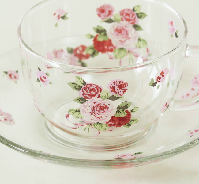 プレゼント ギフトカップ＆ソーサー ローズヴィーナス　耐熱ガラス 日本製 おしゃれ 薔薇 雑貨 食器 花柄 ティーカップ