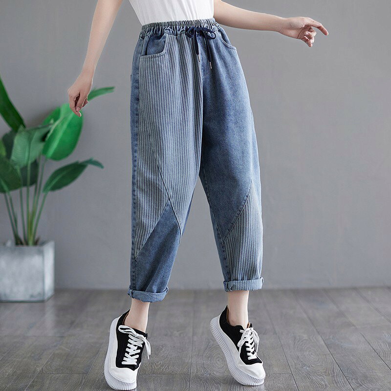 デニム テーパードパンツ ゴム レディース きれいめ 切り替え ボーダーデ ニムパン...
