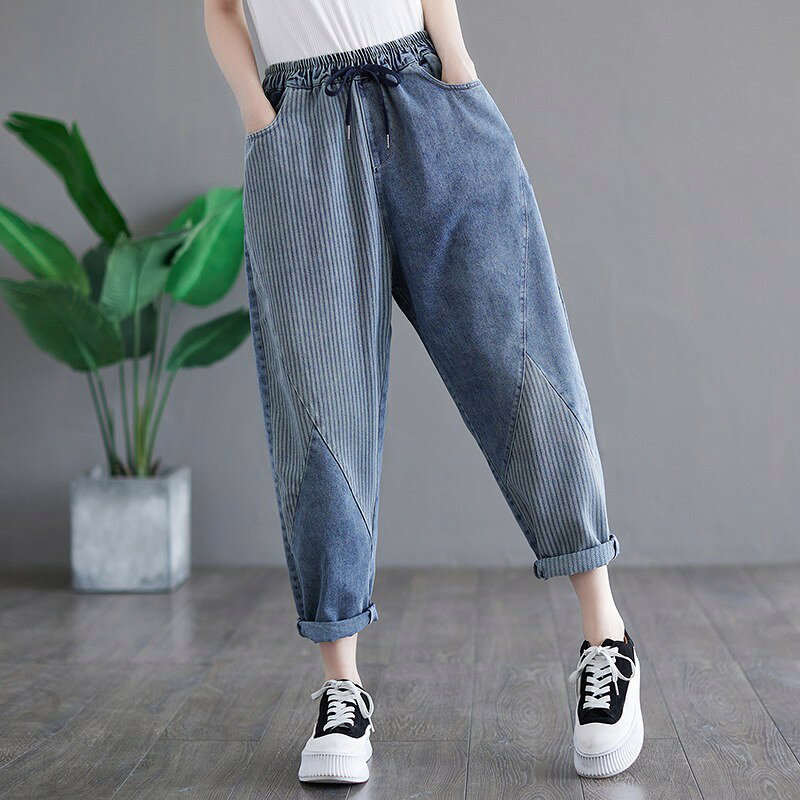 デニム テーパードパンツ ゴム レディース きれいめ 切り替え ボーダーデ ニムパン...