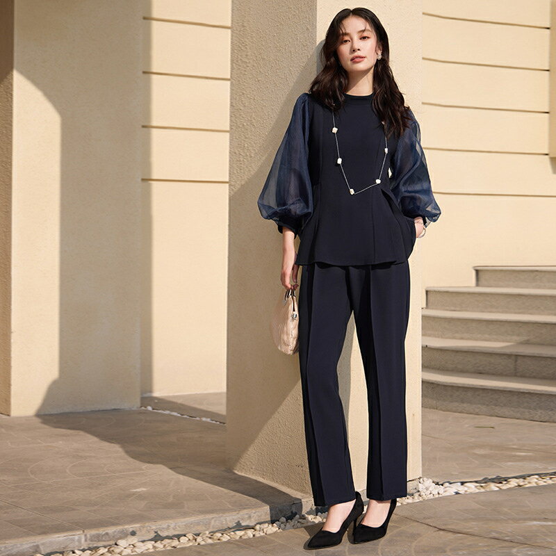 楽天市場】リボン ブラウス（カラーネイビー）（パンツスーツ｜スーツ