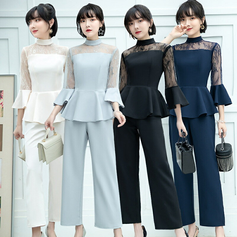 パーティードレス パンツ 結婚式 パンツドレス 上下セット レースブラウス フレアスリーブ ストレートパンツ 九分丈 スタイル 大きいサイズ ママ スーツ セットアップ 体型カバー 長袖 袖あり パンツスーツ レディース およばれワンピース きれいめ フォーマル