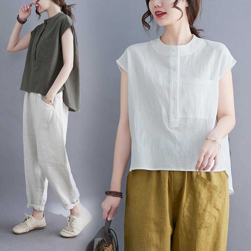 Long-Sleeved - コットンリネン シャツ レディース 立ち襟 春 夏 袖なし ドロップショルダー シャツブラウス 薄手 トップス ボタン 綿麻 ブラウス ゆったり 大きいサイズ ナチュラル 涼しい カジュアル 無地 Tシャツ シンプル 可愛い おしゃれ きれいめ 着瘦せ