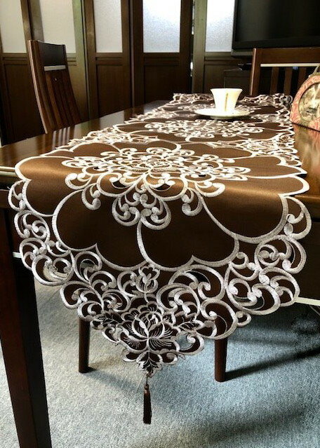 ブラウン≫カットワーク薔薇刺繍/テーブルランナー40X250cm brown ロング