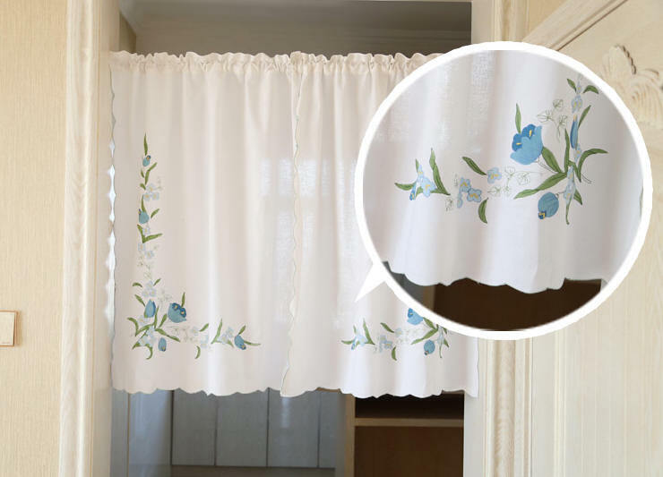 値下げ 2枚set カフェカーテン 横75×90cmX2枚 ホワイト地ブルー色フラワー刺繍
