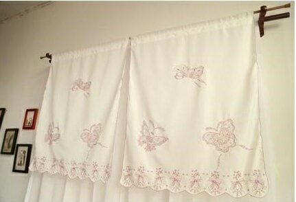 値下げ 2枚セット カフェカーテン 横75×95cmX2枚 蝶モチーフ刺繍