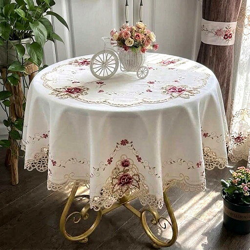 カットワーク刺繍テーブルクロス　円形　　150cm　上品でお洒落、新入荷　薔薇#518