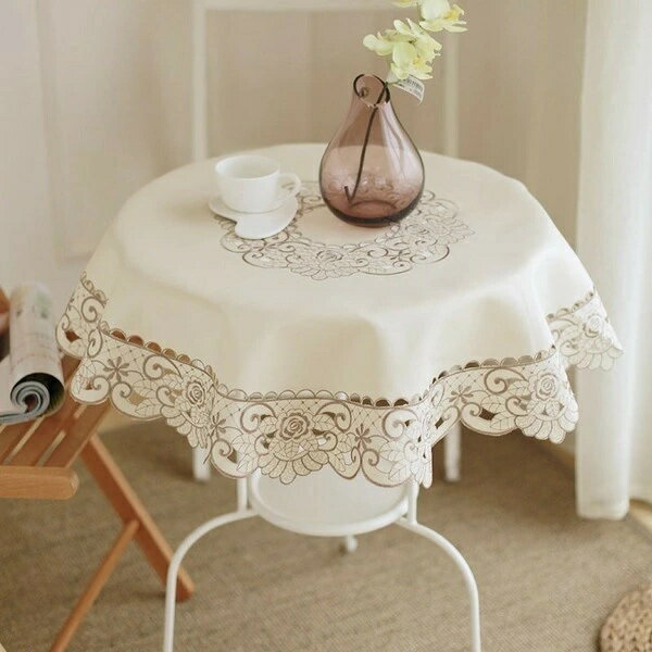 カットワーク刺繍テーブルクロス　円形　85cm　ベージュ　＃010