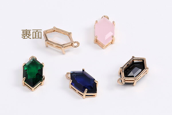 ガラスストーンチャーム 六角形 カン付き 9×17mm ゴールド（1ヶ）