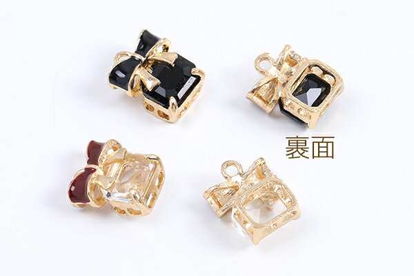 メタルチャーム リボン ラインストーン＆エポ付き 14×16mm ゴールド（2ヶ）