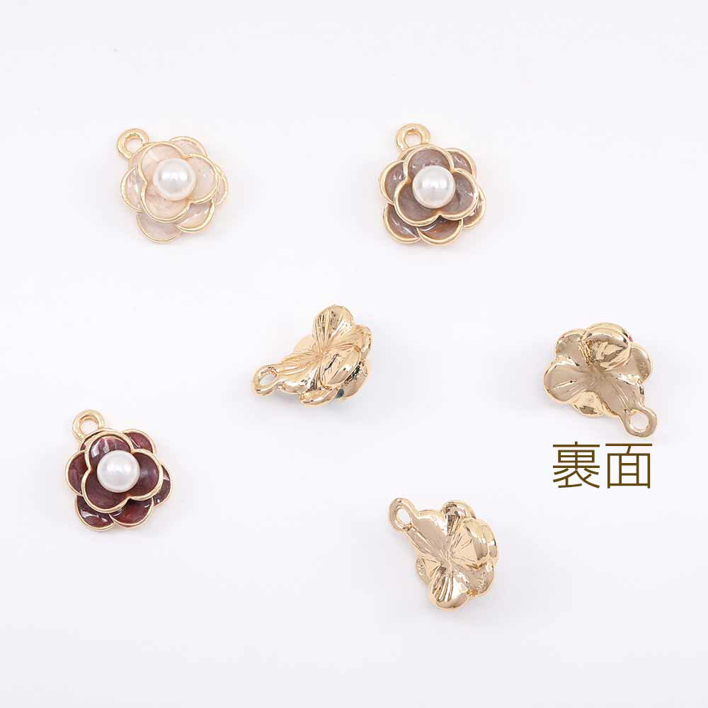 レジン＆パール付きフラワーチャーム 11×15cm ゴールド（4ヶ）
