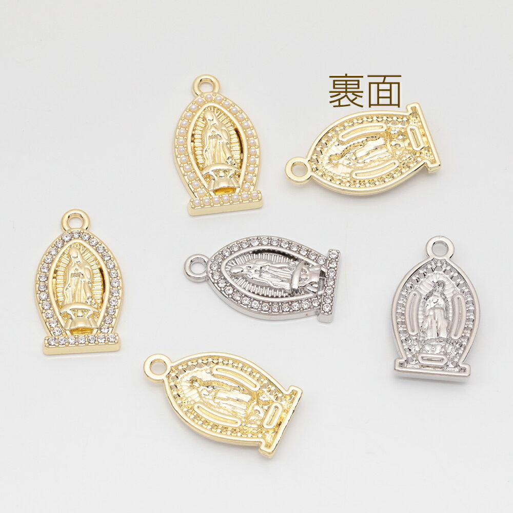 ラインストーンチャーム カメオ風 パール/ストーン付き 半面 メタルチャーム 約12.5×21.5mm（2ヶ）