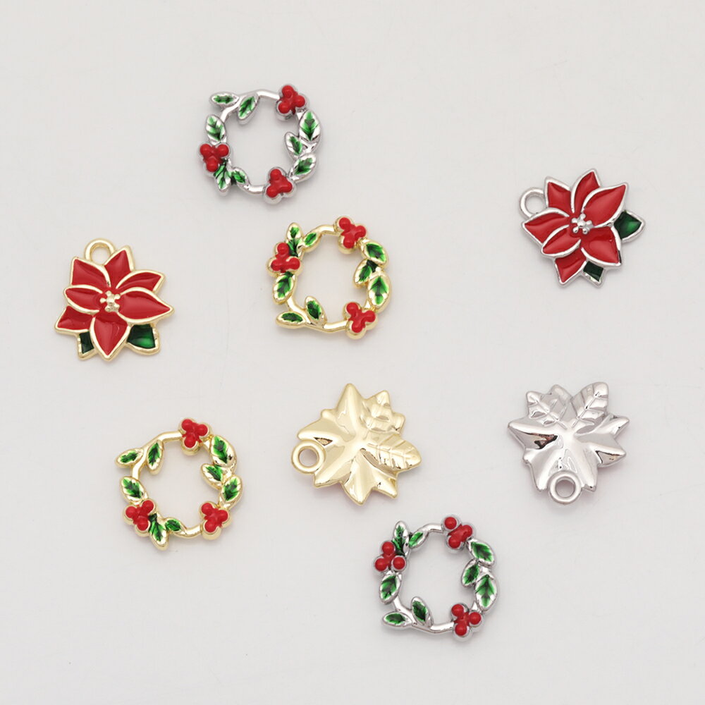 クリスマスチャーム ポインセチア フラワー リース オーナメント 冬 エポチャーム メタルチャーム 全4種（2ヶ）