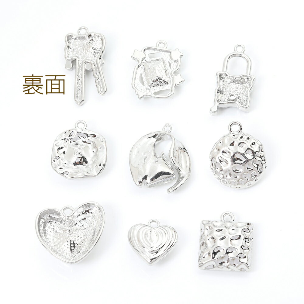 メタルチャーム ラインストーン付きチャーム スクエア型 ハート型 鍵 ロジウム