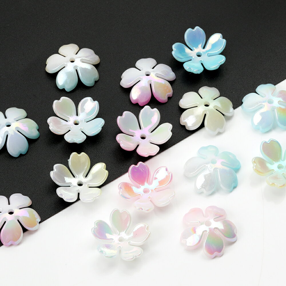 立体フラワーパーツ アクリルビーズキャップ フラワーチャーム 花座 小花パーツ 桜 中心穴あり オーロラカラー 18mm