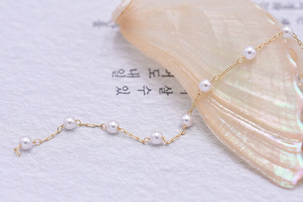 高品質ハンドメードチェーン パール 丸玉 3mm ゴールド/ホワイト【10cm】