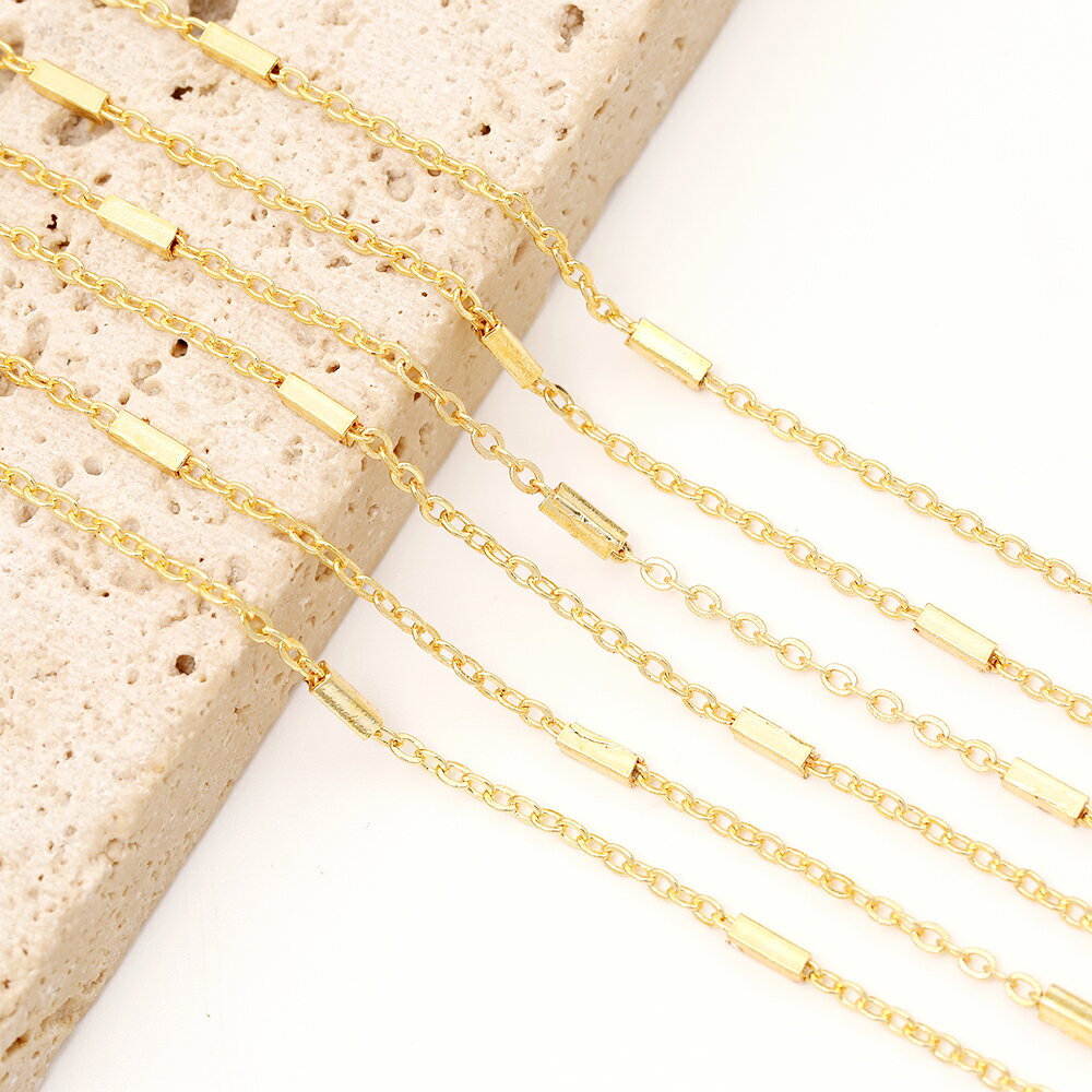 メタルチェーン ロングキューブビーズ付き アズキチェーン アクセサリーチェーン 色落ちしにくい 18Kゴールドメッキ 銅製 （長さ1m） 3