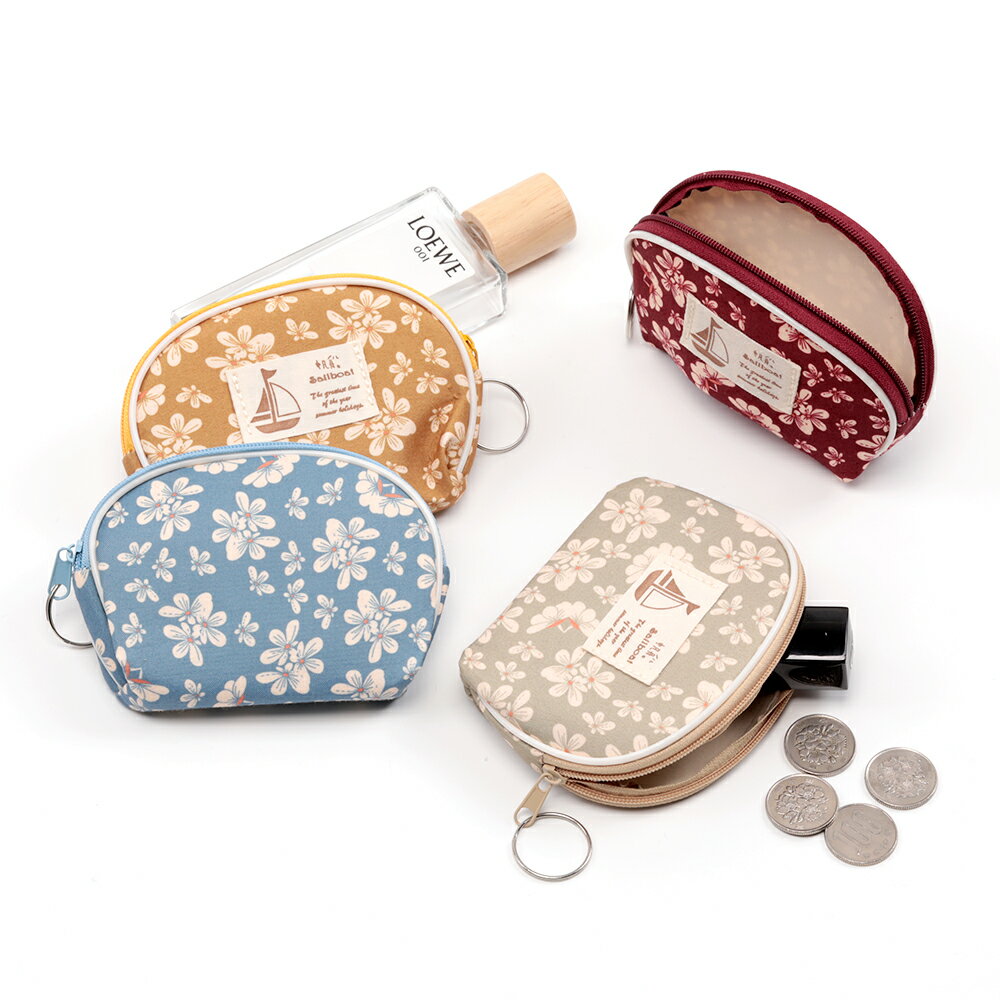 小銭入れ 布製 半円型 ミニポーチ ミニ財布 コイン財布 コンパクトウォレット ファスナー付き キーリング付き ランダム発送 (1ヶ)