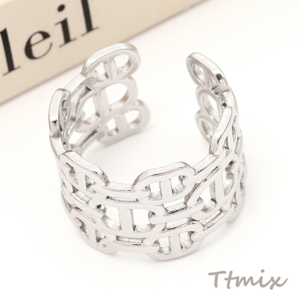 ステンレスリング 指輪 色落ちしにくい オープンリング チェーンモチーフ 男女兼用 ファッションリング ステンレス製 内径約18.7mm 幅約14mm