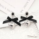 デザインピアス リボン&ハートのピアス 20×50mm ブラック×シルバー(1ペア)
