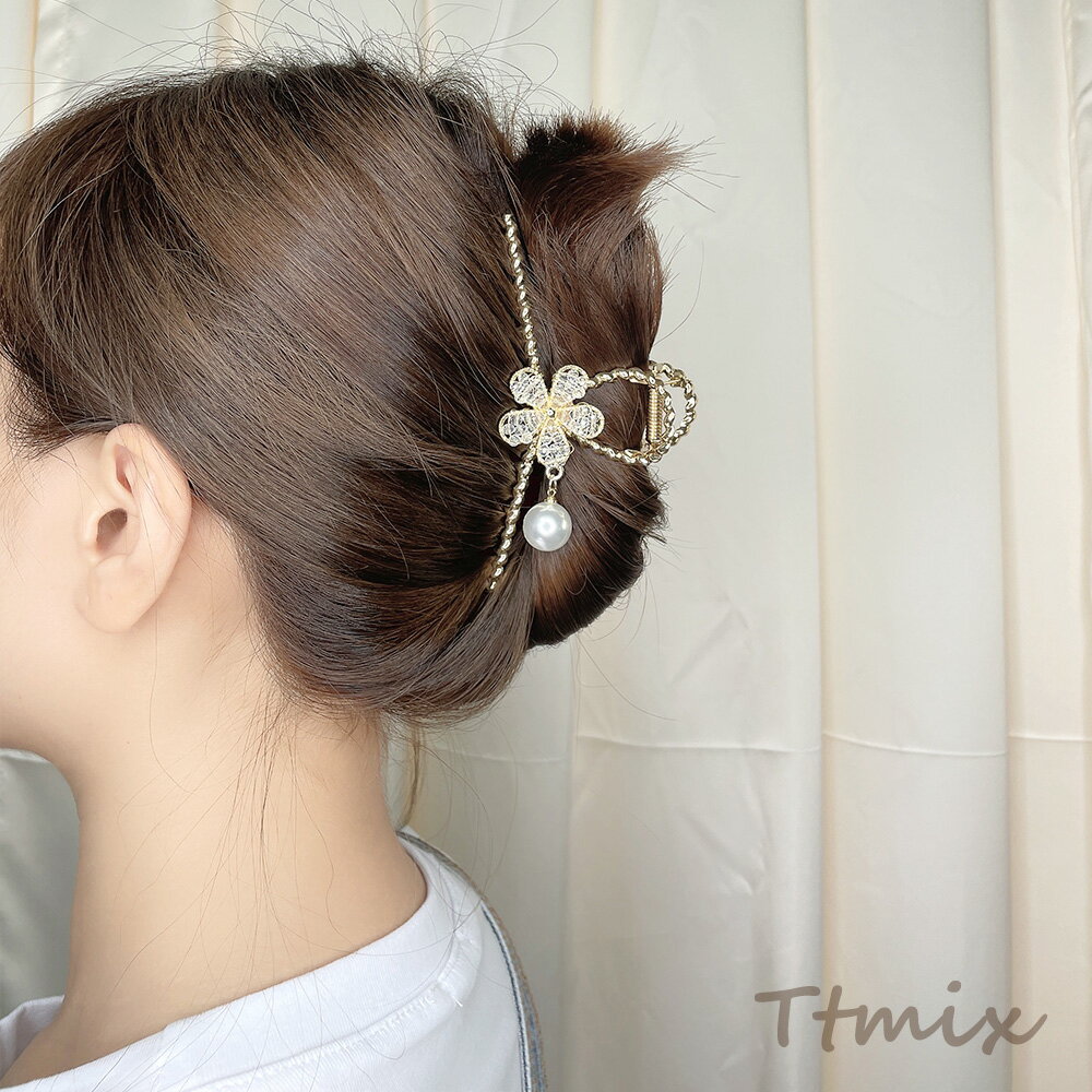 バンスクリップ メタルヘアクリップ フラワー付き パール付き タッセル付き ゴール...