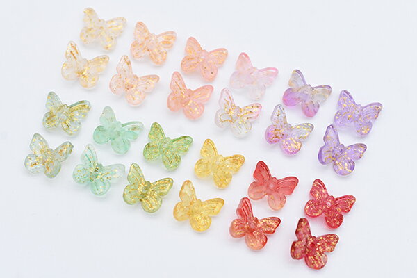 ガラス製蝶ビーズ　チェコ調ガラスビーズ 金箔模様入り 蝶モチーフ 縦穴 10×11mm 全12色