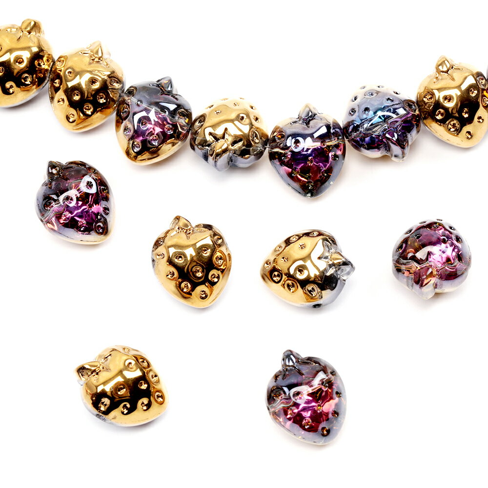 ガラスビーズ 立体いちご型 苺 イチゴビーズ 電気メッキビーズ オーロラ加工 通し穴あり 全4色 約13×17mm（10ヶ）