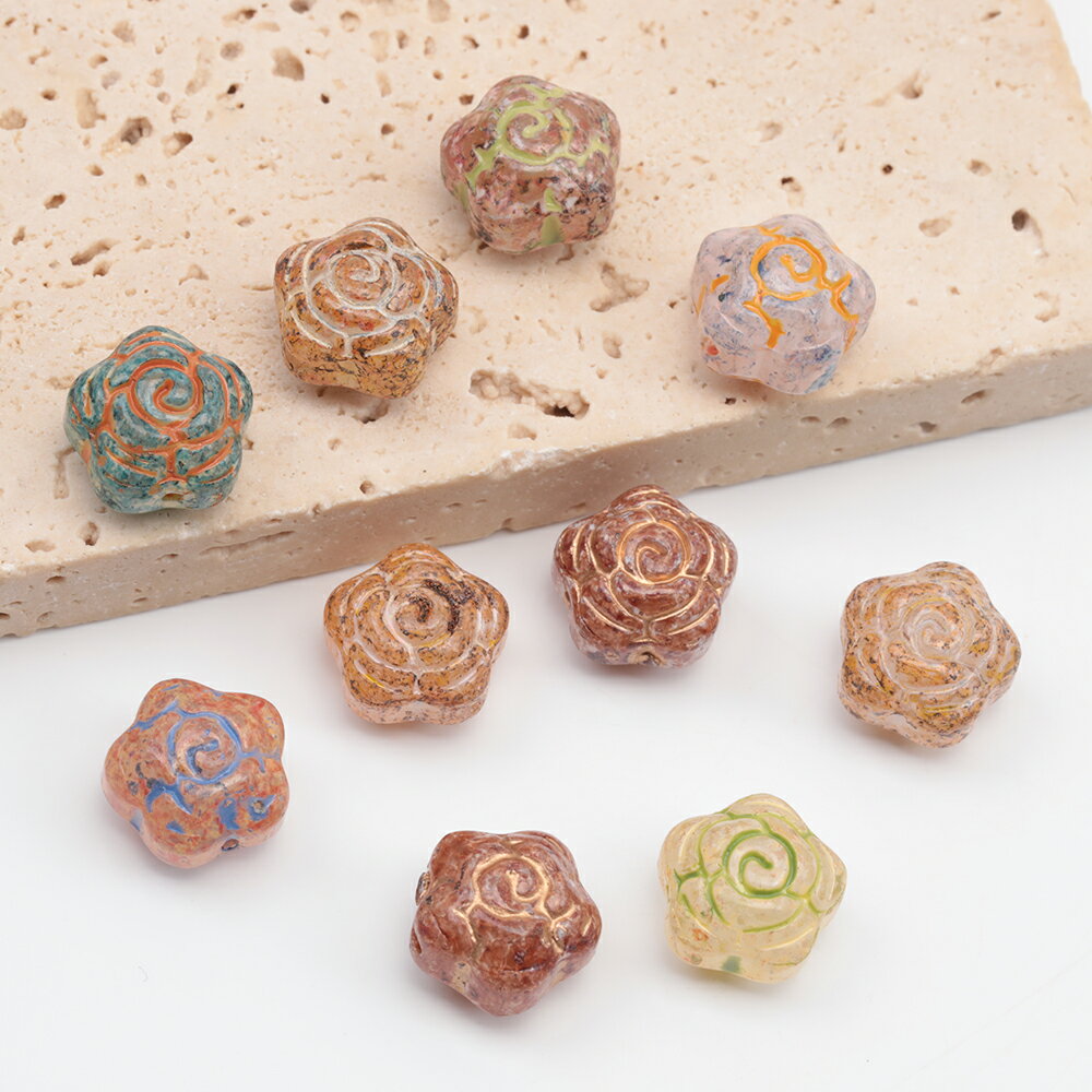 チェコ調ガラスビーズ お花 花形 フラワービーズ チェコガラス風 アンティーク風 カラーランダム 約12mm（10ヶ）