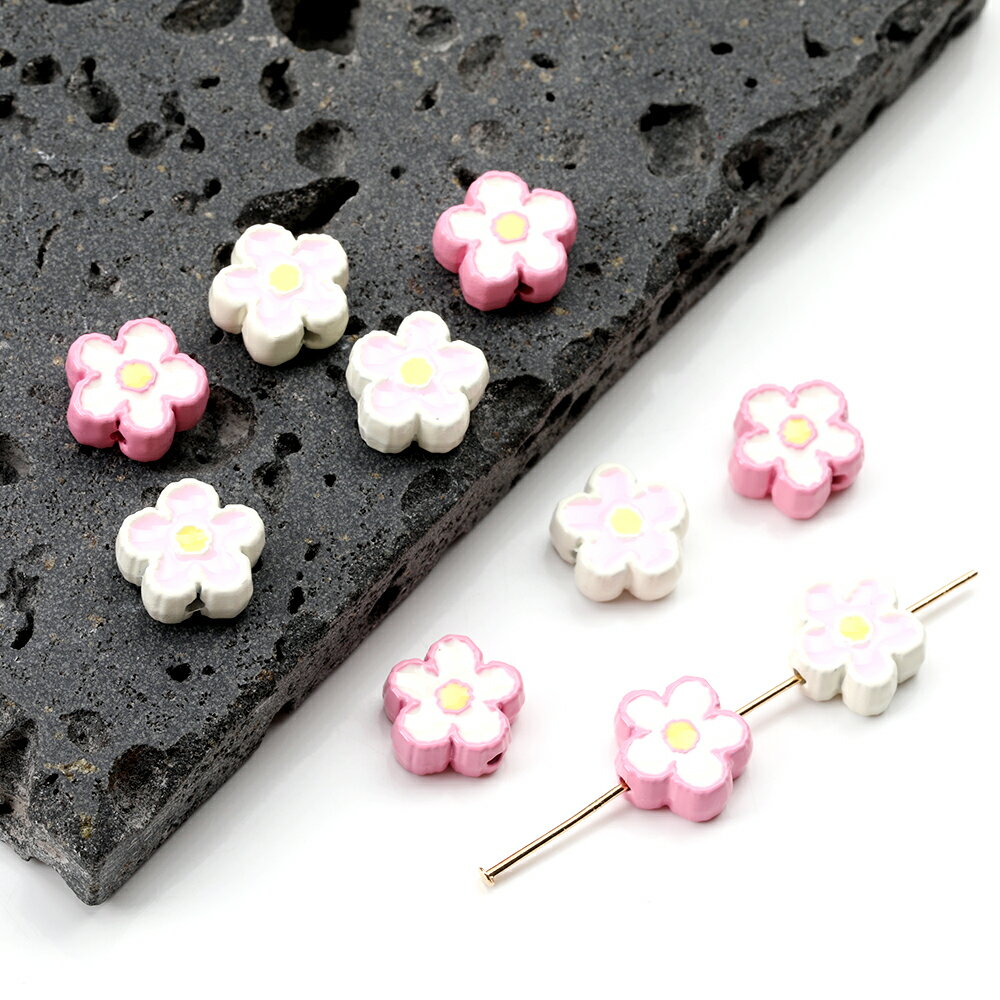 メタルフラワー型ビーズ フラワーモチーフメタルビーズ 塗装 エポ付き 通し穴あり 9mm