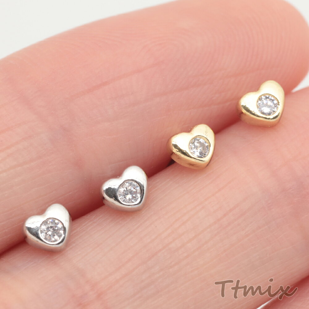 デザインピアス ハート 一粒 ジルコニア ストーン付き キャッチ鉄製 メタルピアス 約3.5×4mm（4ヶ）